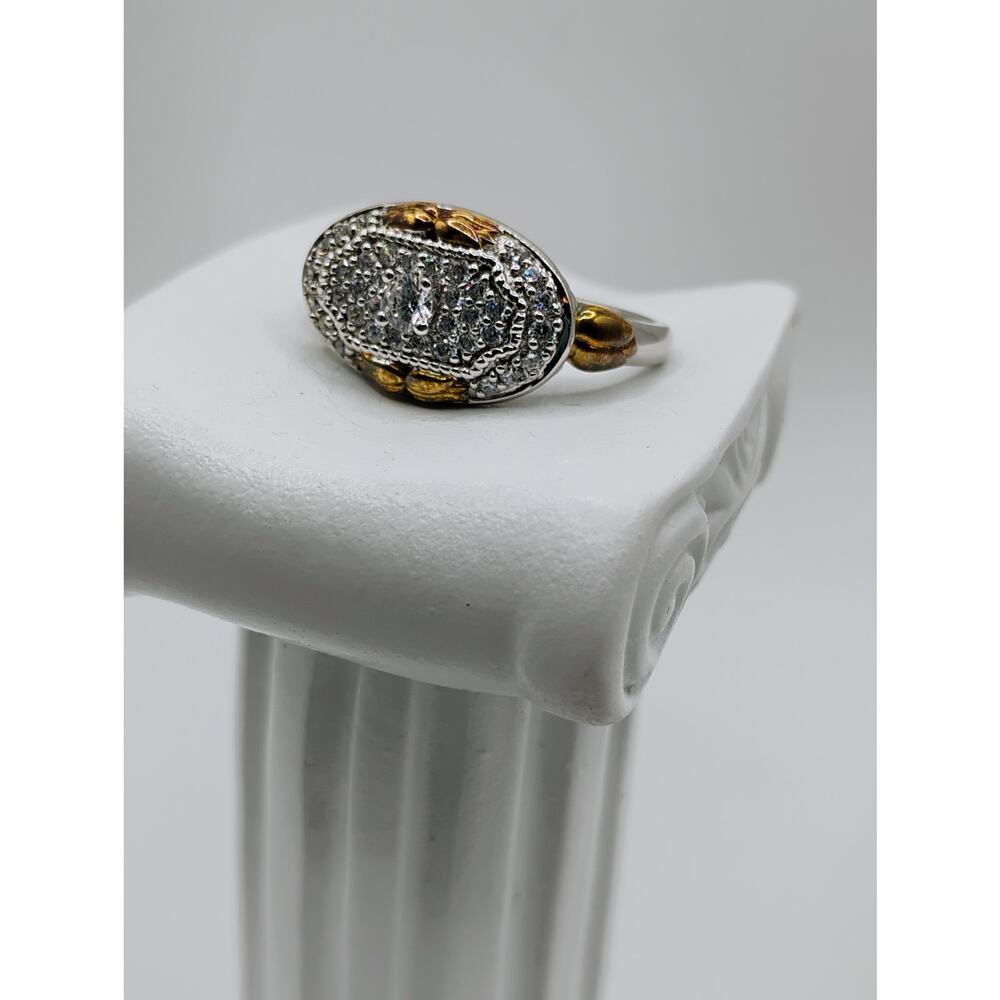 CZ Pave Oval Ring in Two-Tone Sterling Silver Sz 10